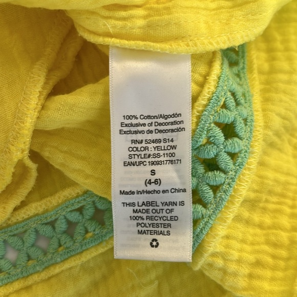 Scoop Yellow & Green Embroidered Slub Cotton Summer Vacation Boho Dress Small - Picture 7 of 7